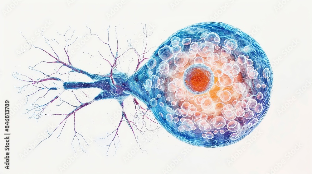 Wall mural detailed illustration of a neuron cell with vibrant colors, showcasing its complex structure and con