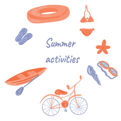 Summer activities flat design set swimming and bicycle