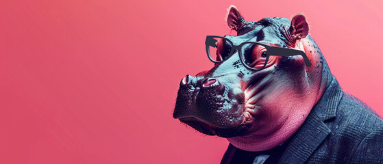 Hippopotamus wearing suit and eyeglasses on pink background