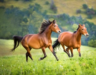 Naklejka premium two horses in the meadow, Brown horses in motion two majestic brown horses in a meadow, their muscles rippling as they run, with the lush green field blurred in the background