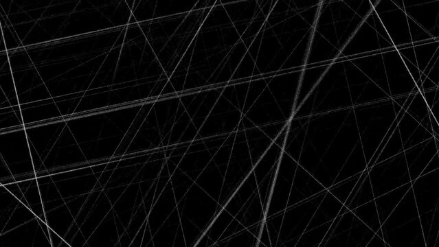 Animation of overlapping lines, random movement, white on black. doodles, grunge, scratches, 4K video