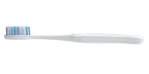 A white toothbrush with blue bristles, isolated on a white background, transparent background.