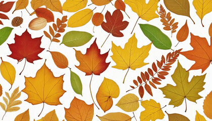 Obraz premium Close-up collection of vibrant autumn leaves in various shades of yellow, orange, and red, isolated on a white background with focus stacking and clipping path for a beautiful seasonal display