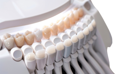 A close-up of dental crowns arranged in a color chart, showing various shades of white and beige, isolated on a white background, transparent background.