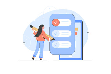 Planning Schedule, done job, checklist concept. Woman employees marking complete tasks on check list. Work task management. Flat vector illustration