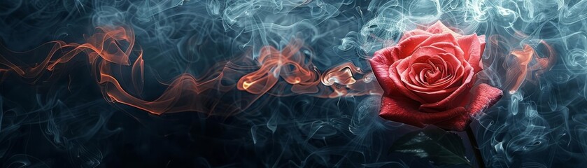 Elegant red rose surrounded by wisps of smoke, emphasizing passion and mystery in a dark setting