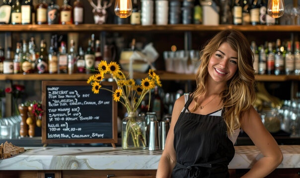 A female smiling bartender in a black apron is standing in front of a menu board