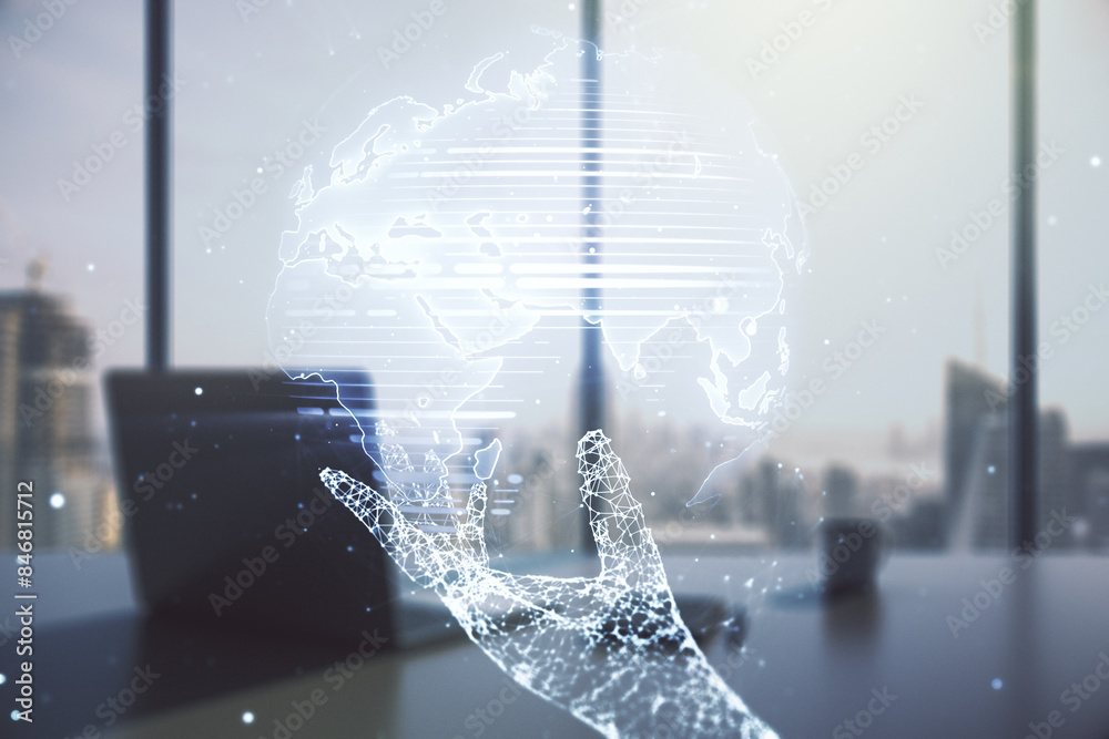 Poster double exposure of abstract digital world map and modern desktop with laptop on background, research
