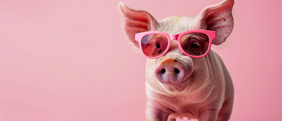 Fototapeta premium Pink plastic sunglasses wearing pig on pink background