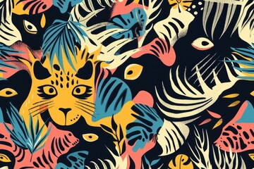 Fototapeta premium Vibrant seamless pattern featuring leopards and tropical foliage on a dark background