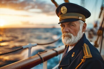 A senior captain with grey beard in white uniform with golden epaulettes standing on the deck of the ship