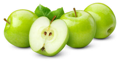 Green apple isolated. Whole apples with half and leaves on white background. Green apple with leaf horizontal composition. Full depth of field.