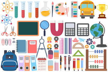 Set of school supplies or back to school and education flat icon vector isolated on white background.