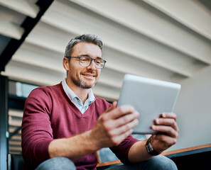 Smile, tablet and business man research on internet for news, information or project of editor....