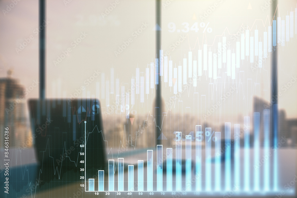 Poster multi exposure of abstract creative financial chart and modern desktop with laptop on background, re