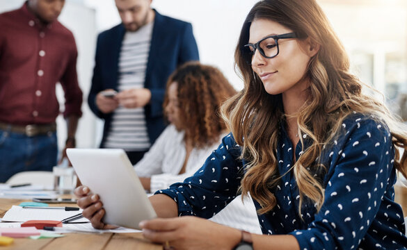 Business people, planning and woman in tablet, teamwork and typing with social media, company website and employees. Copywriting, group or consultant with tech, worker or email notification with app - Powered by Adobe