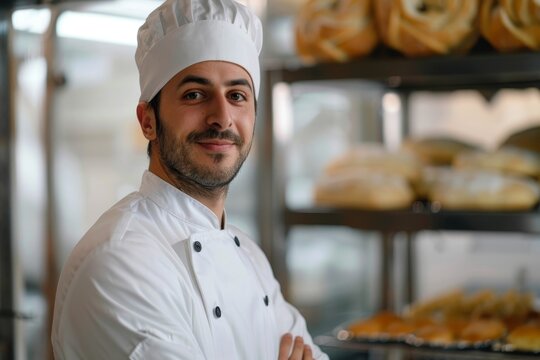 Smiling male baker in his bakery