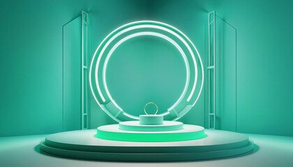 Obraz premium Modern three-dimensional showcase with neon ring and curvy geometric shapes on empty podium in blue and green abstract background