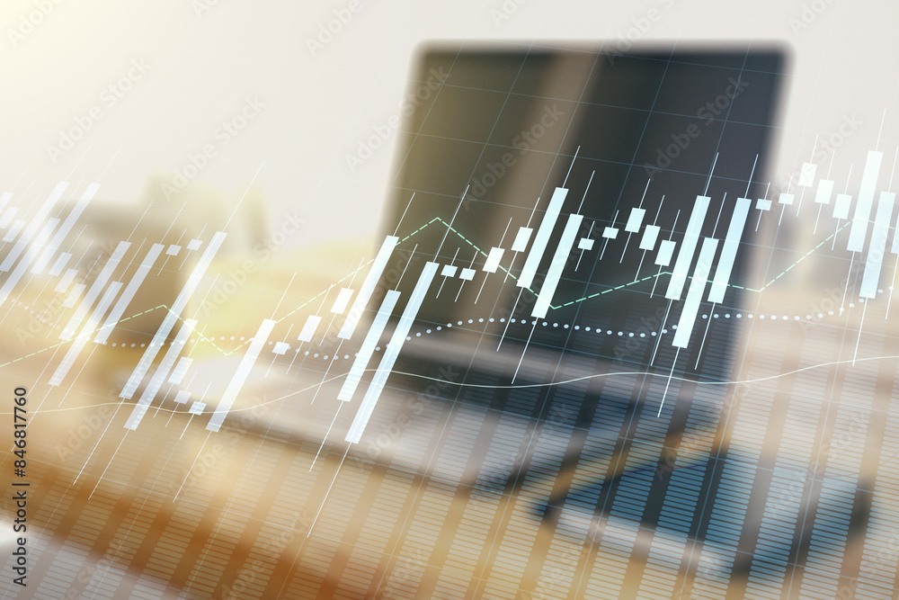 Poster abstract creative financial graph and modern desktop with computer on background, forex and investme