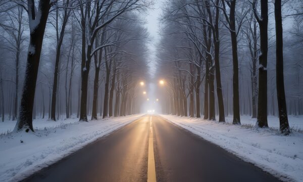 Snowy Tree Lined Road at Night