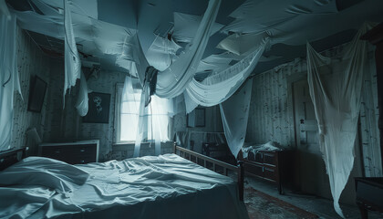 A room with white sheets and curtains is shown in a dark room
