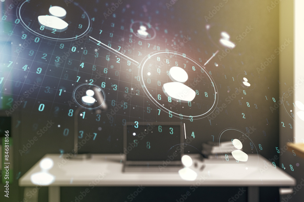 Aufkleber double exposure of social network icons concept and modern desktop with laptop on background. market