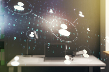 Double exposure of social network icons concept and modern desktop with laptop on background....
