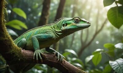 Obraz premium Green Lizard on Branch