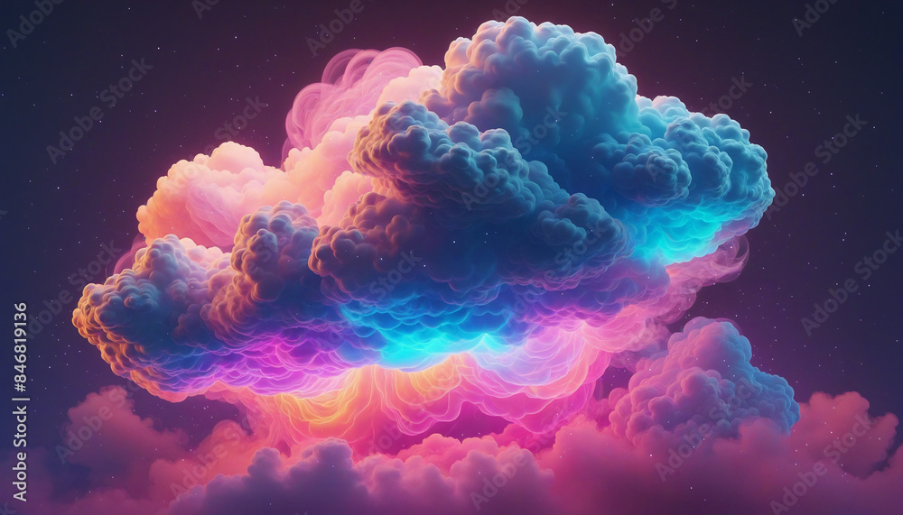 Wall mural vibrant three-dimensional neon cloud in a futuristic, cyber sky: a rainbow spectrum of glowing smoke