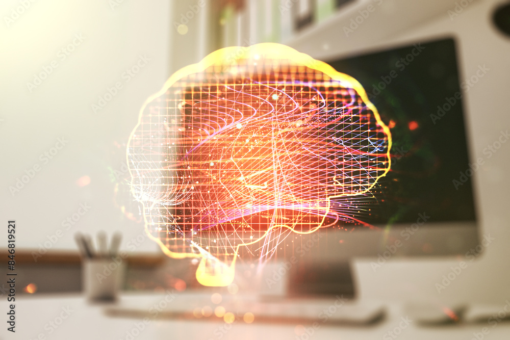 Wall mural creative artificial intelligence concept with human brain hologram and modern desktop with computer 