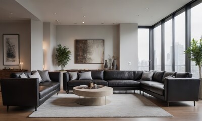 Modern Living Room with Black Leather Couches and White Rug