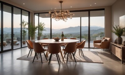 A Glass Chandelier Hangs Over a Dining Table