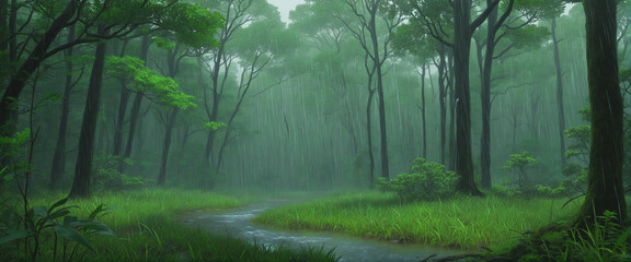 Obraz premium Enveloped in a lush woodland during the rainy spring season