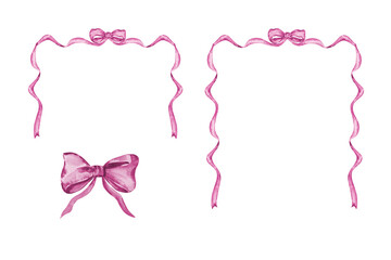 Pink frames set of watercolor ribbon and bow