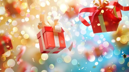 A lot of Falling gift boxes decorated with ribbon on blurred shiny background, flying gifts backdrops, great for Christmas season, reward event and shopping concept design. Generative AI