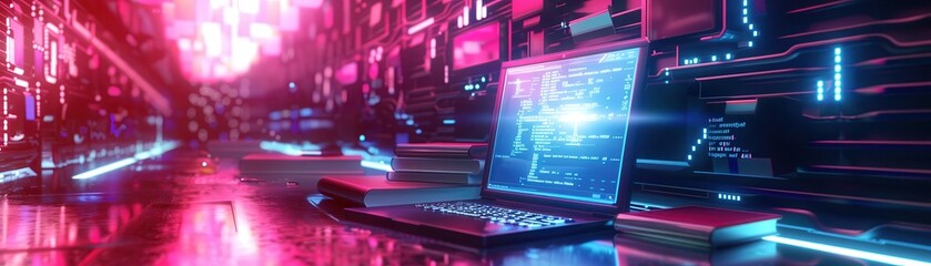 Obraz premium Laptop showcasing digital learning platform, books arranged, futuristic classroom setting, soft neon glow, cybernetic details