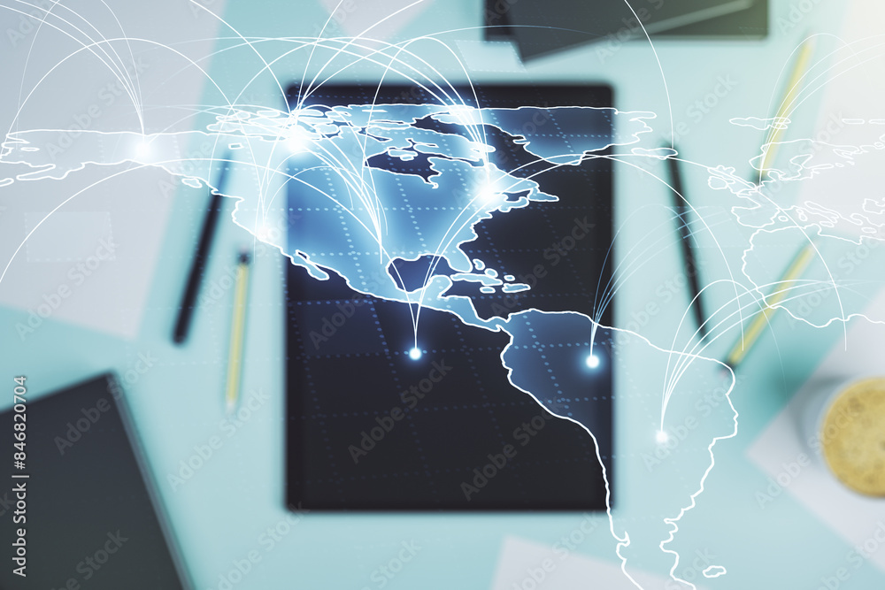 Leinwandbilder double exposure of abstract digital world map with connections and modern digital tablet on backgrou