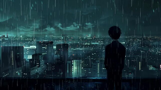 A man gazing at cityscape rain from a rooftop. Anime or digital painting style, looping 4k video animation background