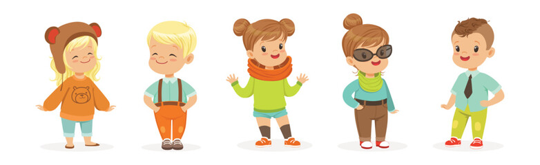 Little Kids Wearing Different Fashion Clothes Fitting New Stylish Look Vector Set