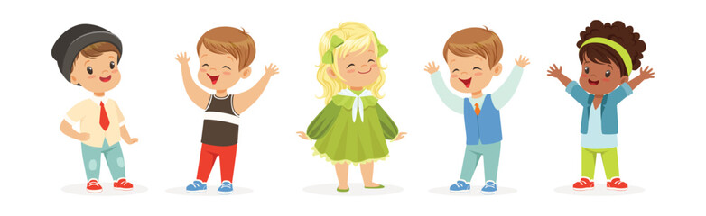 Little Kids Wearing Different Fashion Clothes Fitting New Stylish Look Vector Set