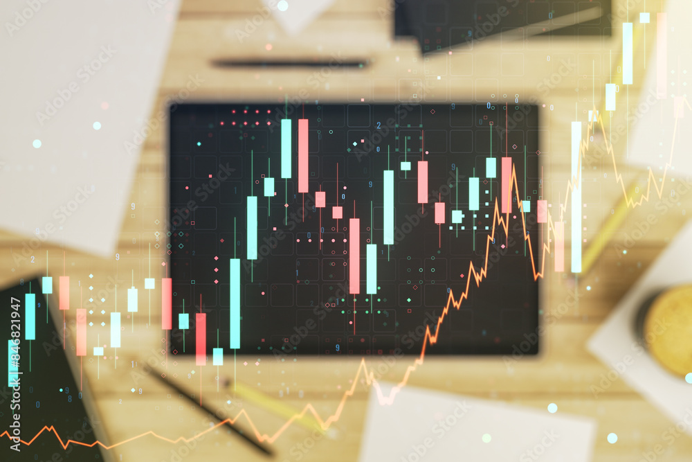 Poster double exposure of abstract creative financial chart and digital tablet on background, top view, res