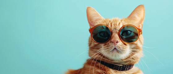 Fototapeta premium A cat wearing sunglasses, showcasing a stylish and cool feline with a trendy attitude, making for a perfect pet fashion and cute photography moment.