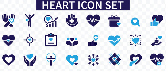 Heart icon set. Containing life, heartbeat, caring, passion, healthcare, emotional, like, charity and more. Solid vector icons collection.