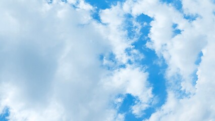 Blue sky with white clouds, bright colored cloudscape banner. Fluffy heaven pattern, aesthetic natural scene. Beautiful Cloudy background, nature environment wallpaper, panoramic view