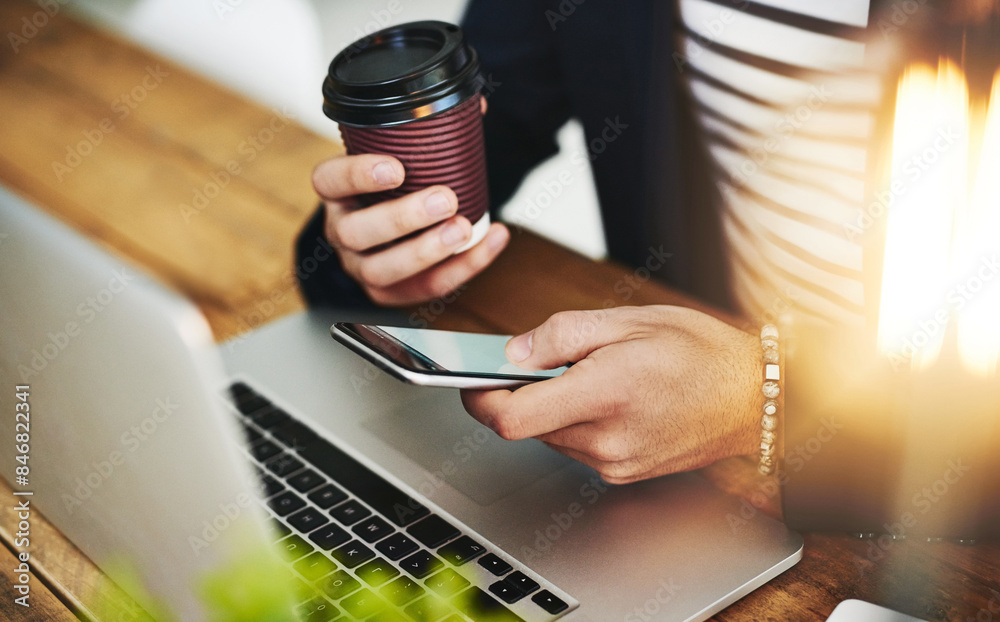 Aufkleber coffee, phone text and laptop with man hands at office with website search for social media break. m