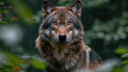 Obraz premium Generative AI illustration of concentrated wild wolf with looking at camera in the rain amidst green leaves lush forest 