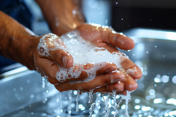 A man washes his hands, rinses soap with running water in the sink, hand hygiene to prevent coronavirus. Protecting against the corona virus pandemic by cleaning your hands frequently