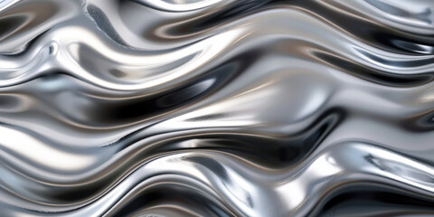 Abstract flowing metallic waves, creating a dynamic and futuristic visual effect with smooth, shiny surfaces and fluid motion in a silver and gray color palette..