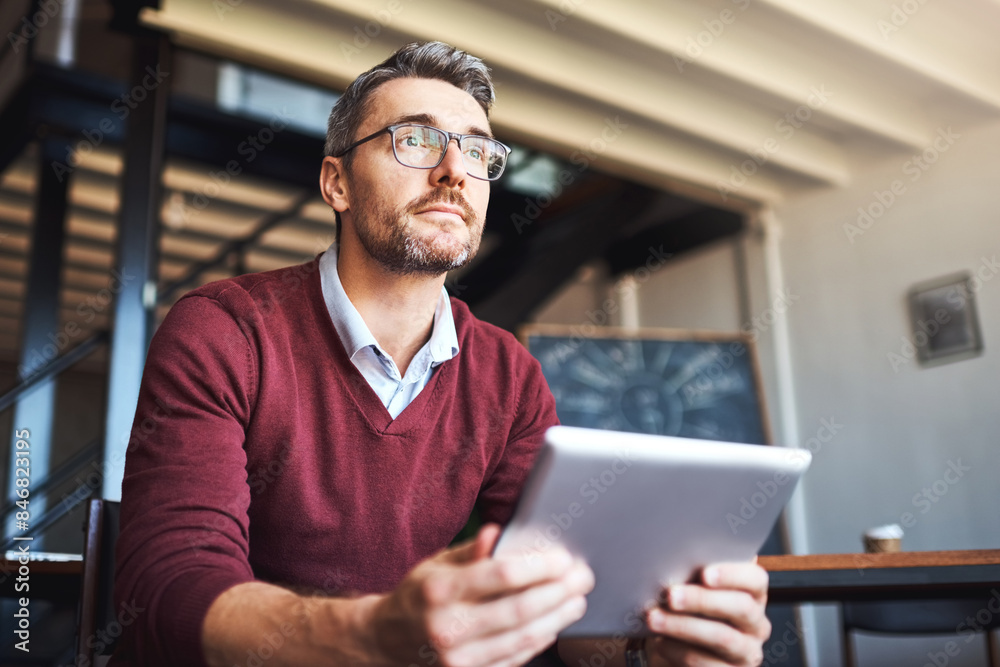 Poster vision, thinking or business man on tablet for research, problem solving or project idea in startup.