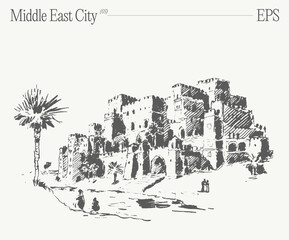 Fototapeta premium Hand drawn vector illustration of a buildings in the Middle East City, oasis in desert